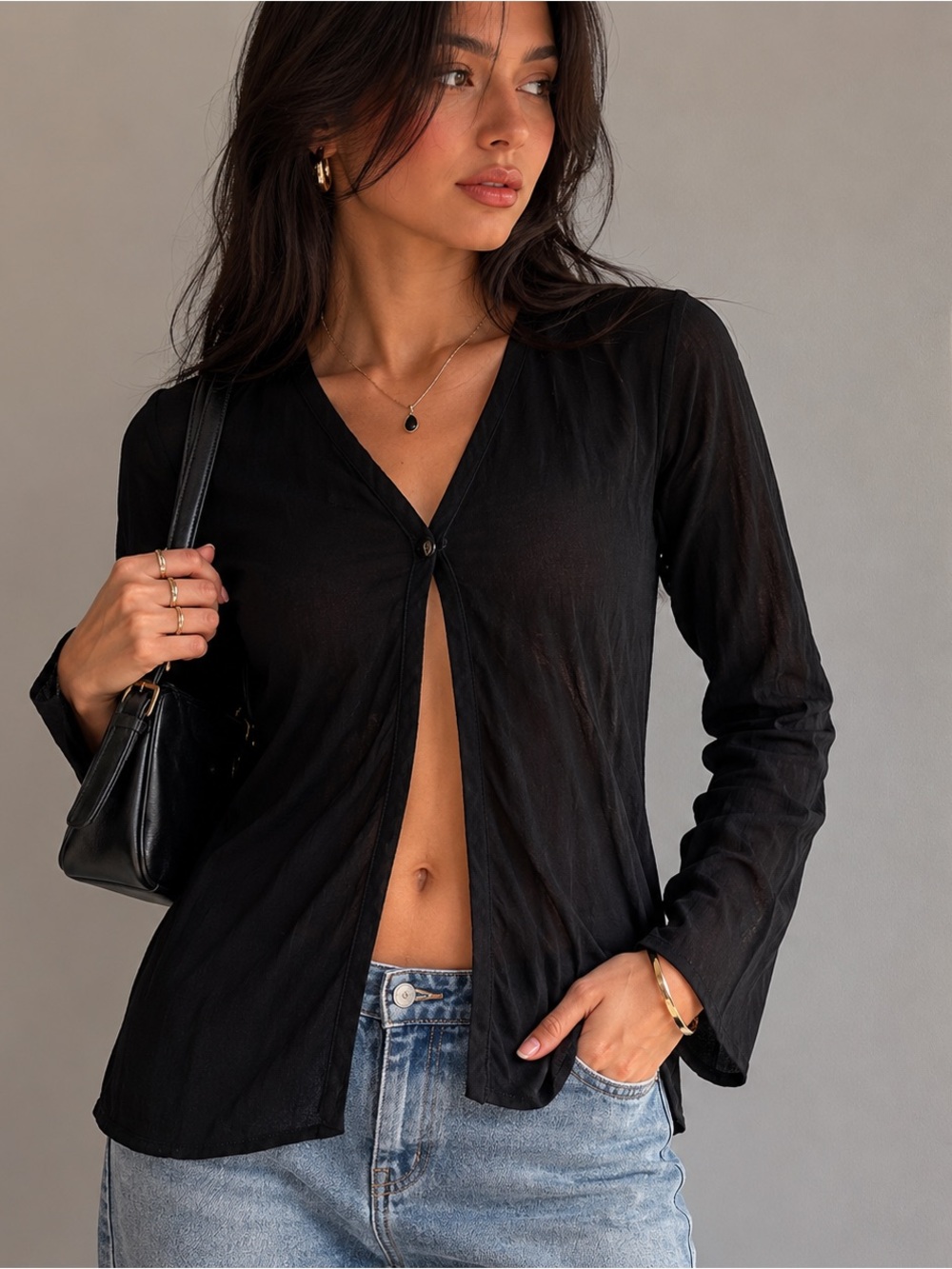 Caribe Black Sheer Open Button Top